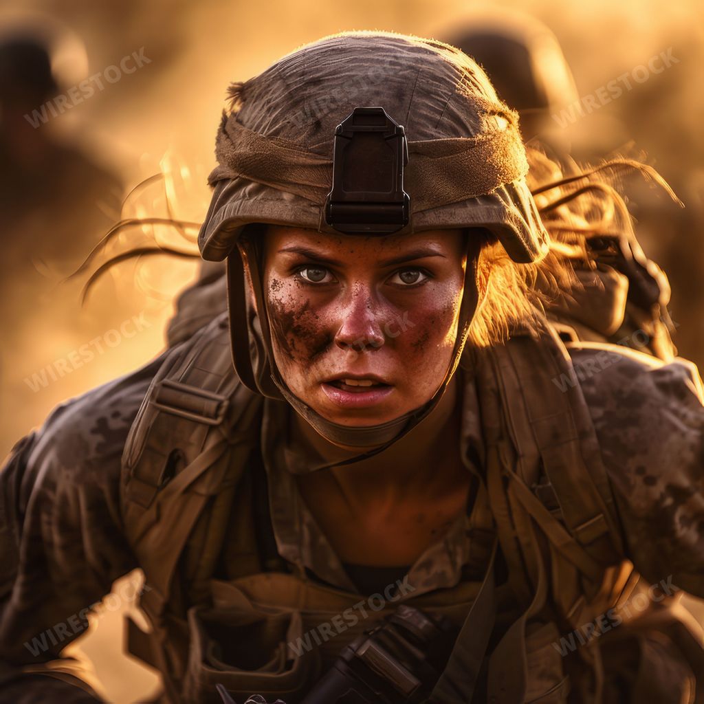 A portrait of a Caucasian female soldier, AI-generated.