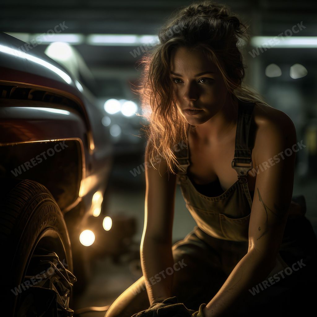 An AI generated illustration of a female mechanic examining the car