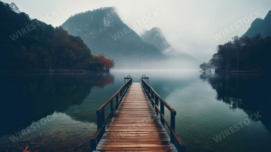 An AI generated illustration of an empty wooden pier extending into water with mountains on the horizon