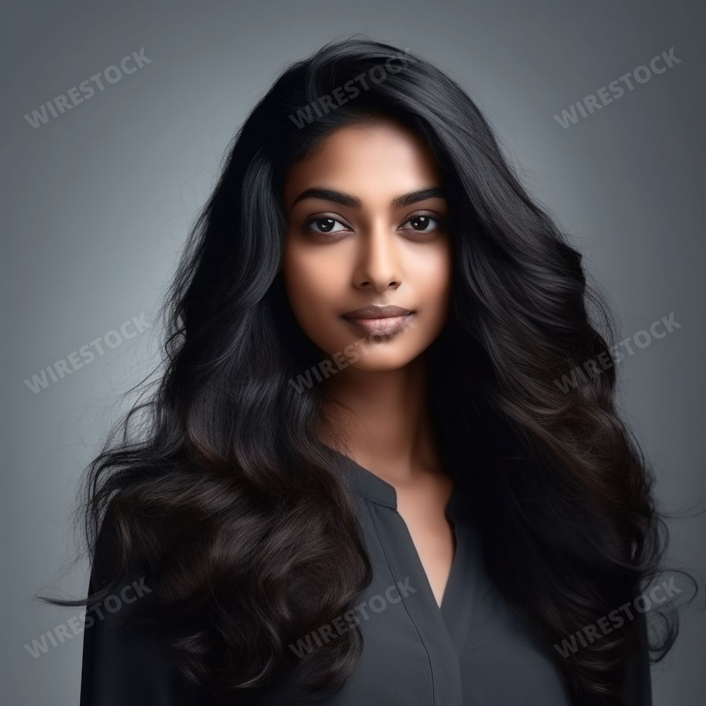 An AI generated illustration of an attractive young Indian woman with long, wavy, brown hair