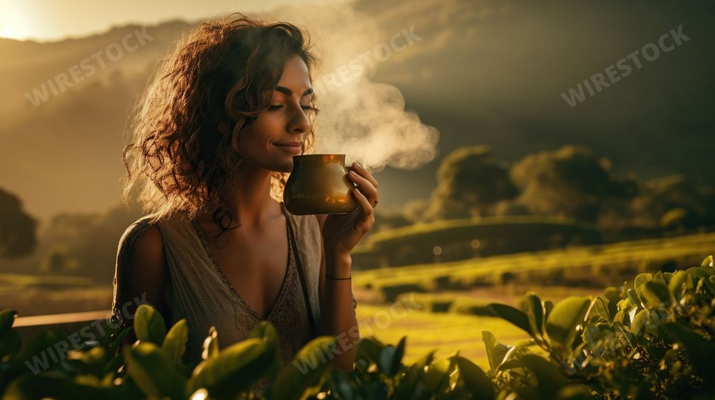 AI generated illustration of a female enjoying a cup of hot tea in a ...