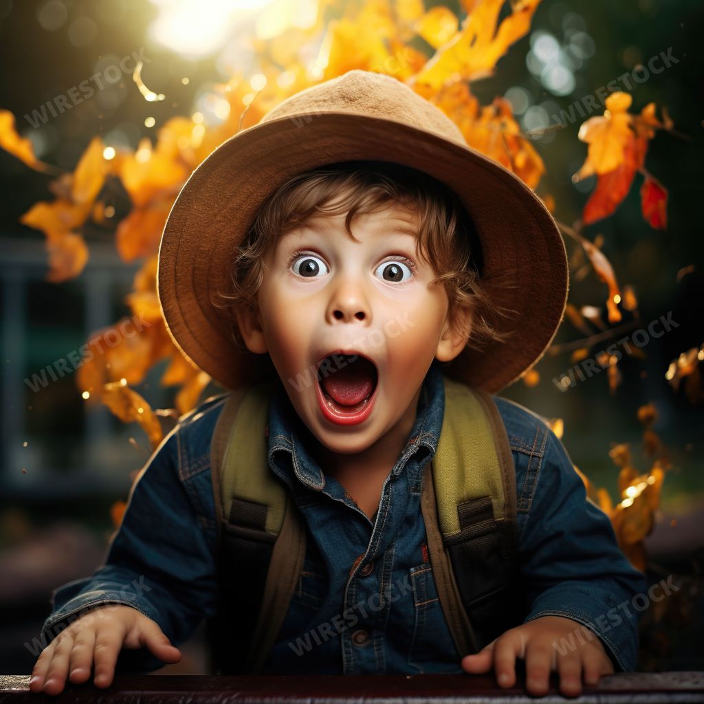 A young male child wearing a hat with a surprised expression. Ai generated