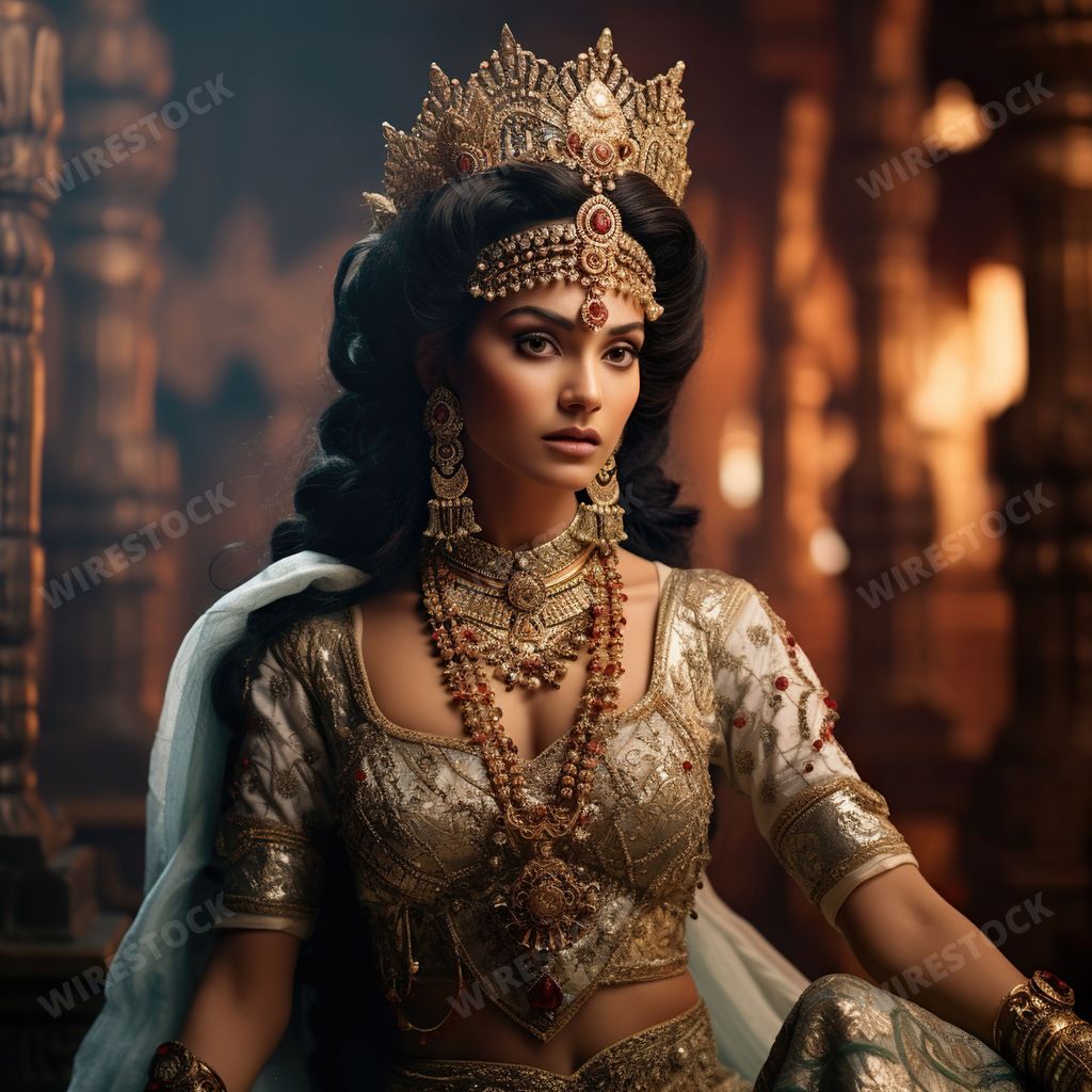 A beautiful Indian princess wearing a traditional dress and ornate gold jewelry. Ai generated