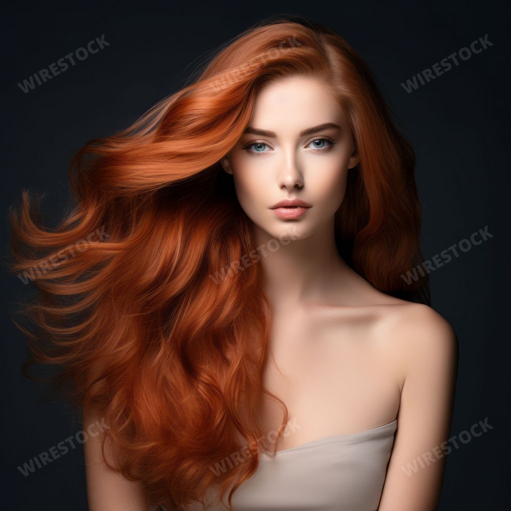 An AI generated illustration of A gorgeous young woman with vibrant red hair  posing in a studio