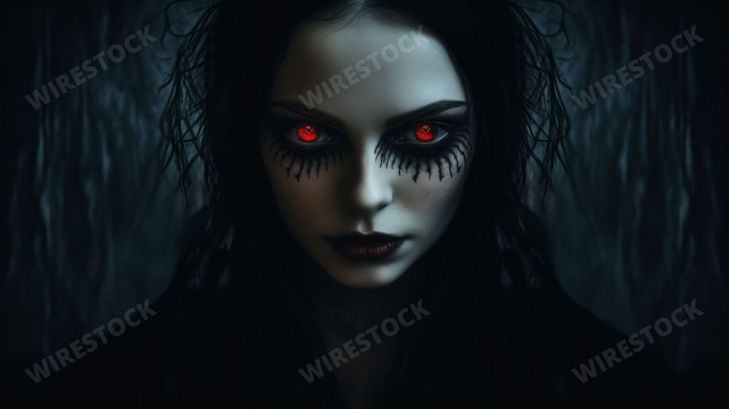 An AI generated illustration of a young woman with red glowing eyes in the dark