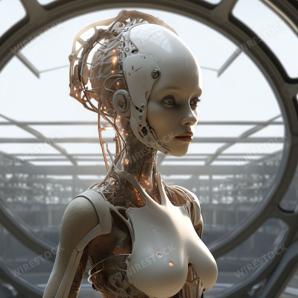 An AI generated illustration of a female figure clad in a metallic, sci-fi inspired suit inside of a space-age spacecraft