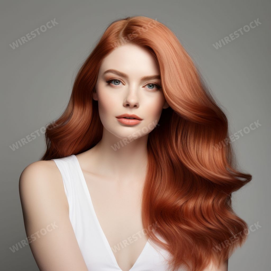 An AI generated illustration of A gorgeous young woman with vibrant red hair  posing in a studio