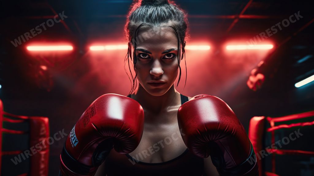 A female boxer stands confidently in the center of a boxing ring. AI-generated.