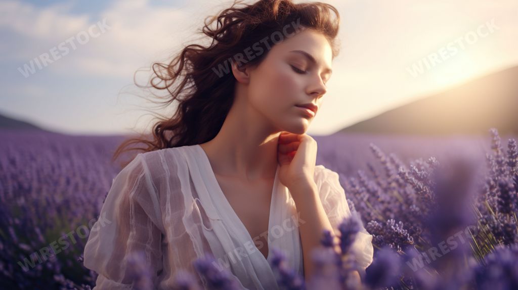 A stunning young woman in a white dress in a vibrant field of purple lavender flowers. Ai generated