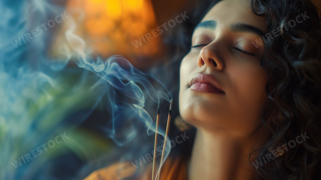 An AI generated illustration of a beautiful Indian woman smelling incense sticks
