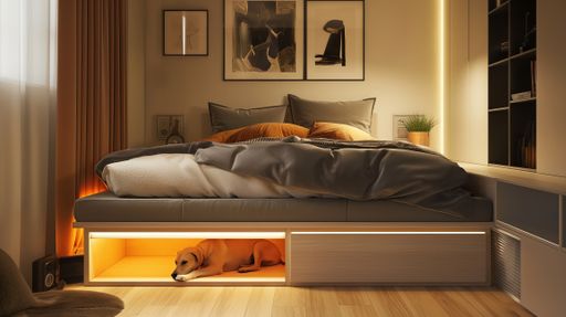 An AI generated illustration of a bedroom with a wall-integrated bed for space-saving elegance