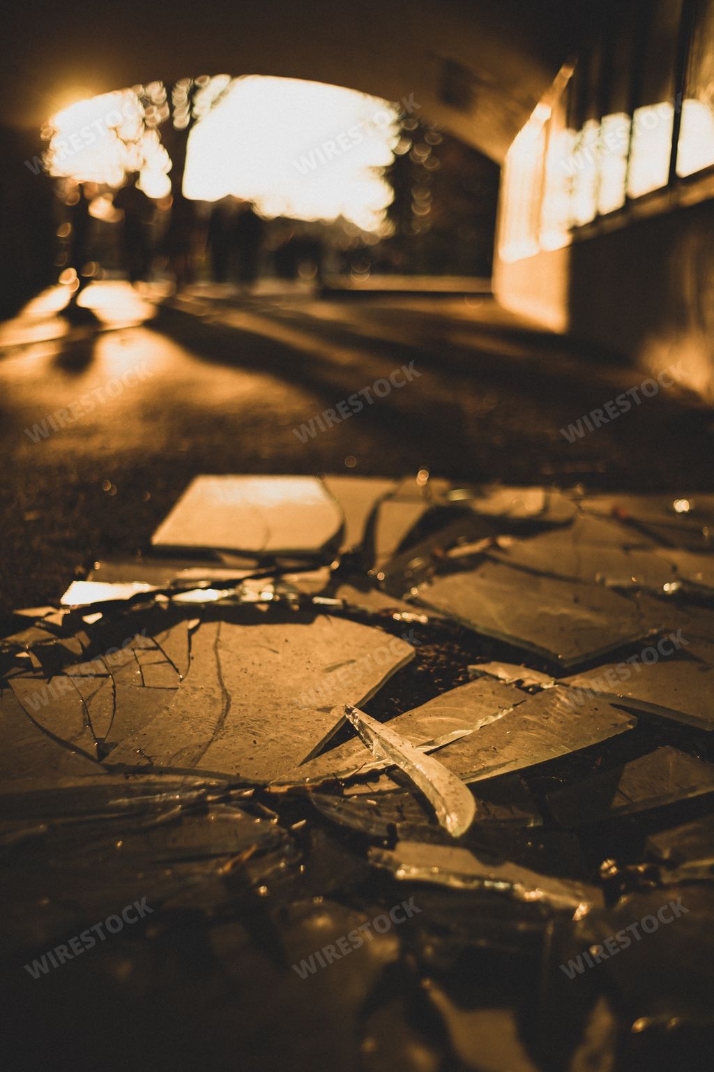 A close-up shot of broken and shattered glass windows on the side of a city street