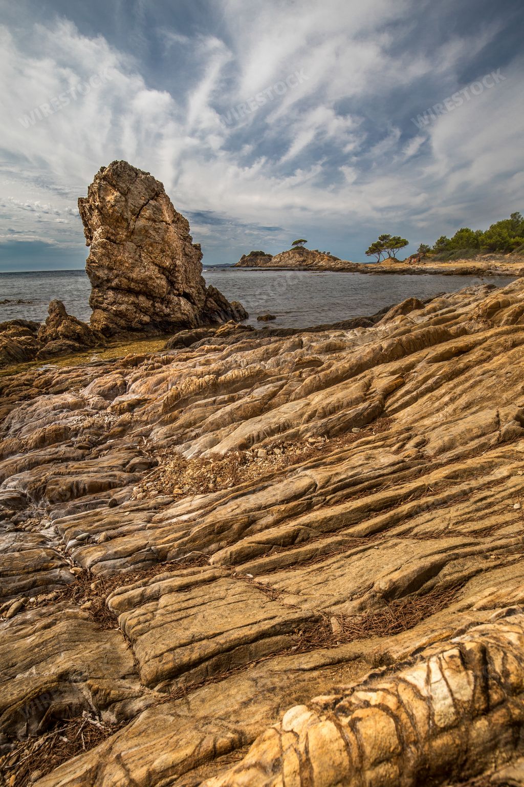 A vertical picture of rocks surrounded by the sea and greenery under the cloudy sky and sunlight