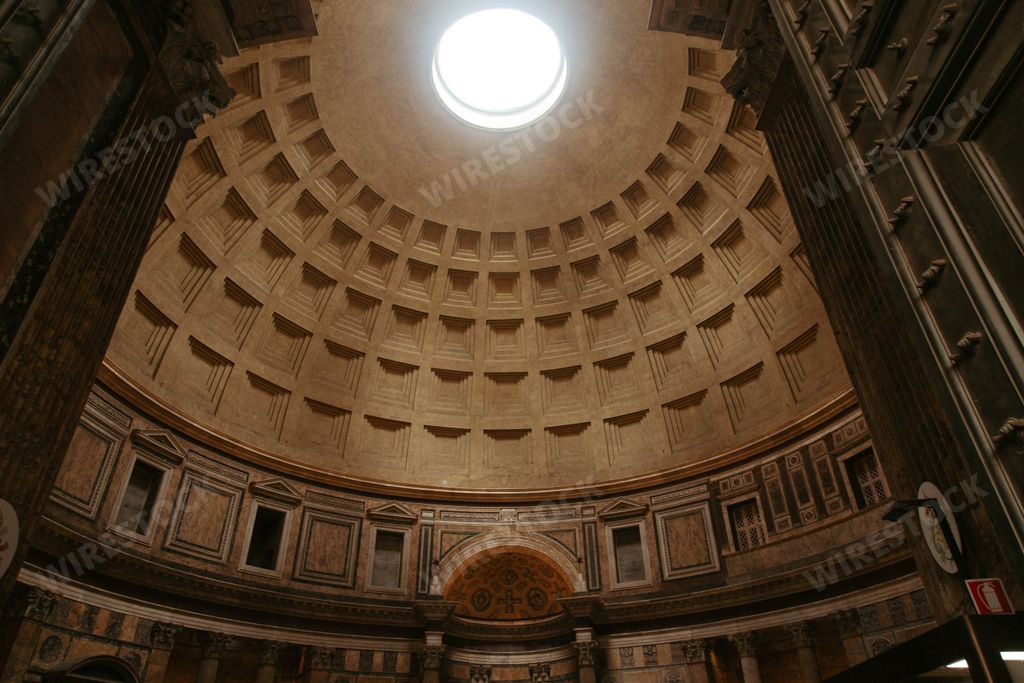 The inside of the Pantheon in Rome, Italy with light coming from the top