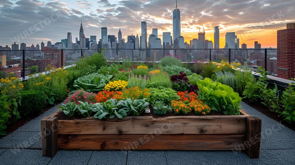 An AI generated illustration of A rooftop garden overlooking city buildings