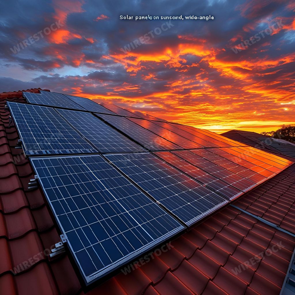 An AI generated illustration of Solar panels on a rooftop at sunset, harnessing the power of the sun