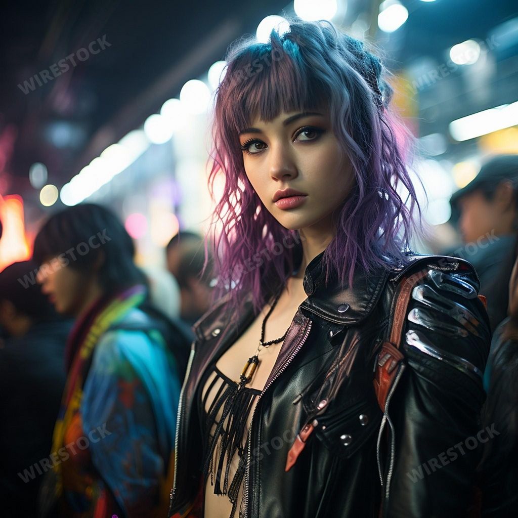 An AI generated illustration of A young woman with dyed purple hair and piercings wearing a black leather jacket