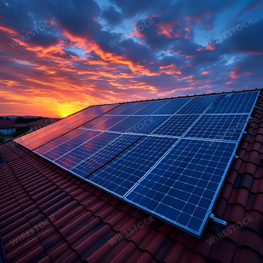 An AI generated illustration of Solar panel on roof under Californian sunset sky