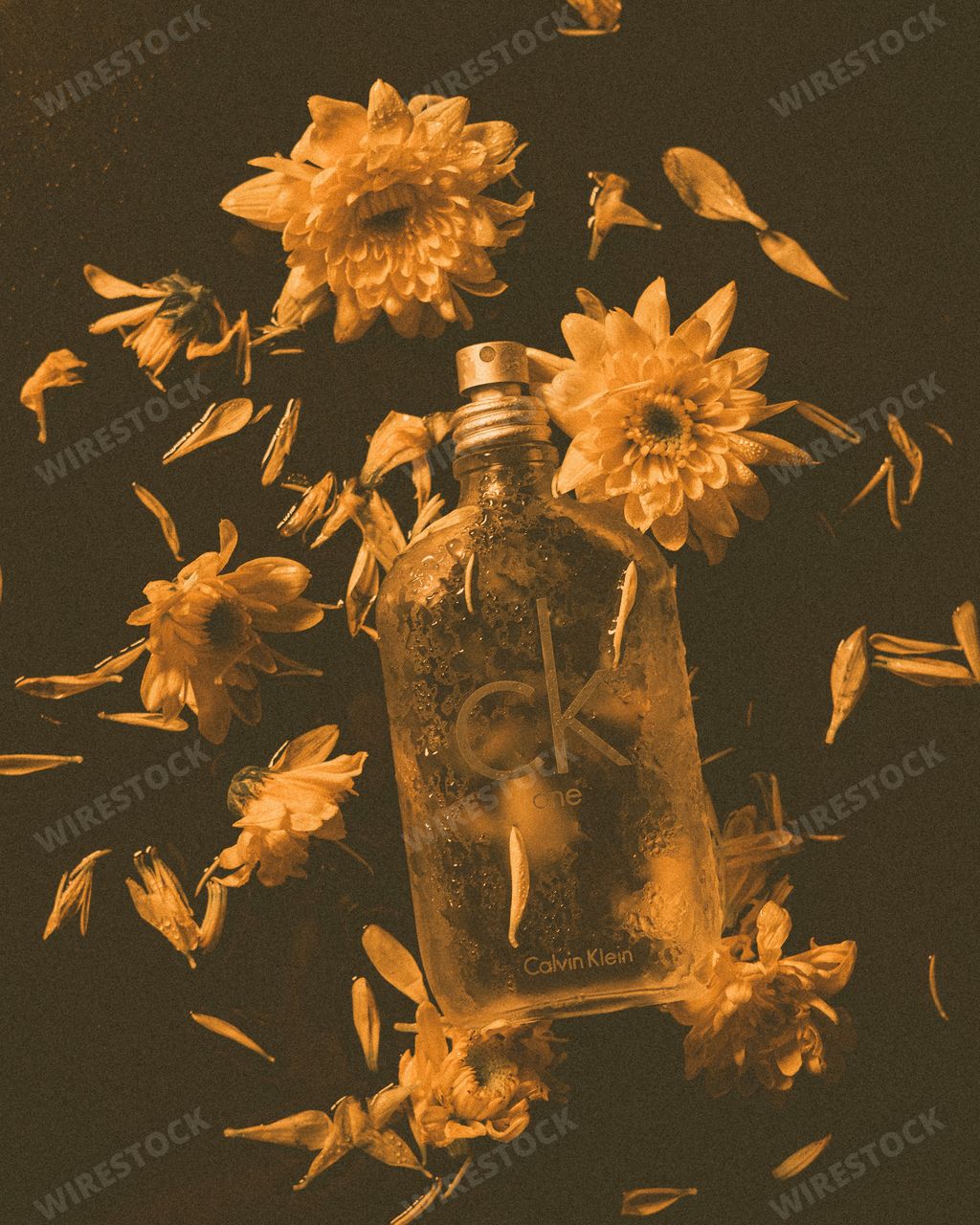 A vertical shot of the Calvin Klein One perfume with flower decorations and dim lighting