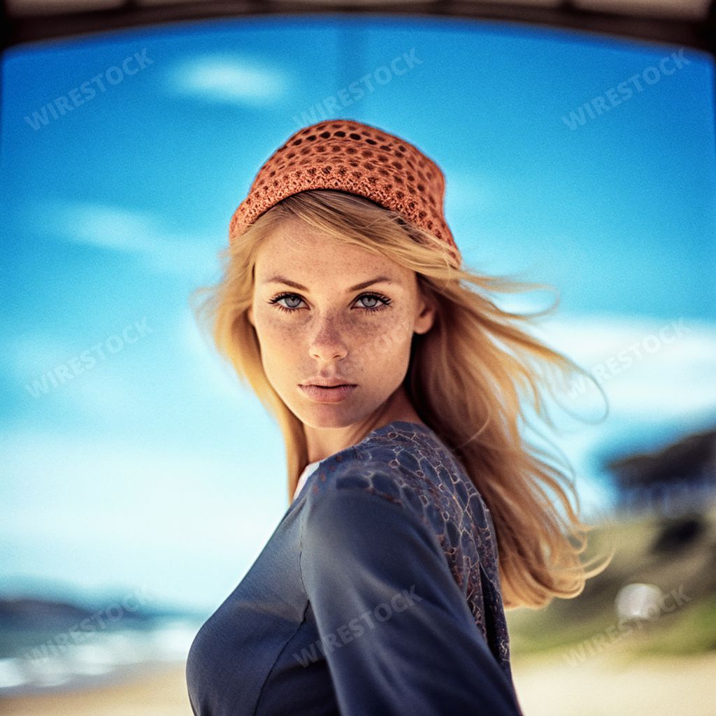 An AI generated illustration of A young woman wearing a light blue jacket stands on a beach against a backdrop of crashing waves