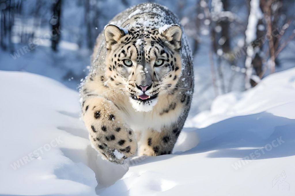 An AI generated illustration of A Snow Leopard in its natural habitat, standing in the snow with its tongue sticking out
