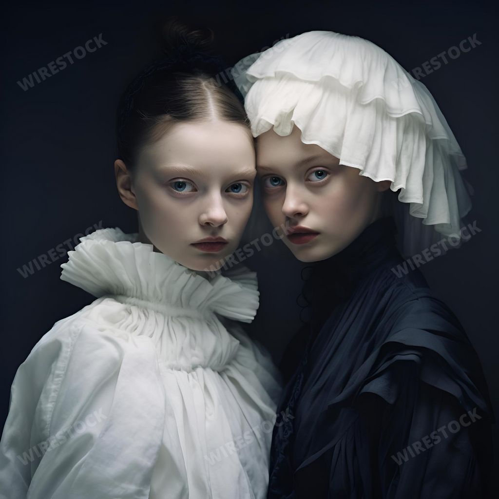 An AI generated illustration of two fashionably dressed women on a black background
