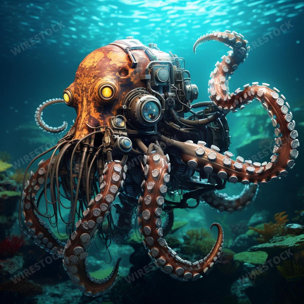 An AI generated illustration of a mechanical steel octopus creature swimming underwater