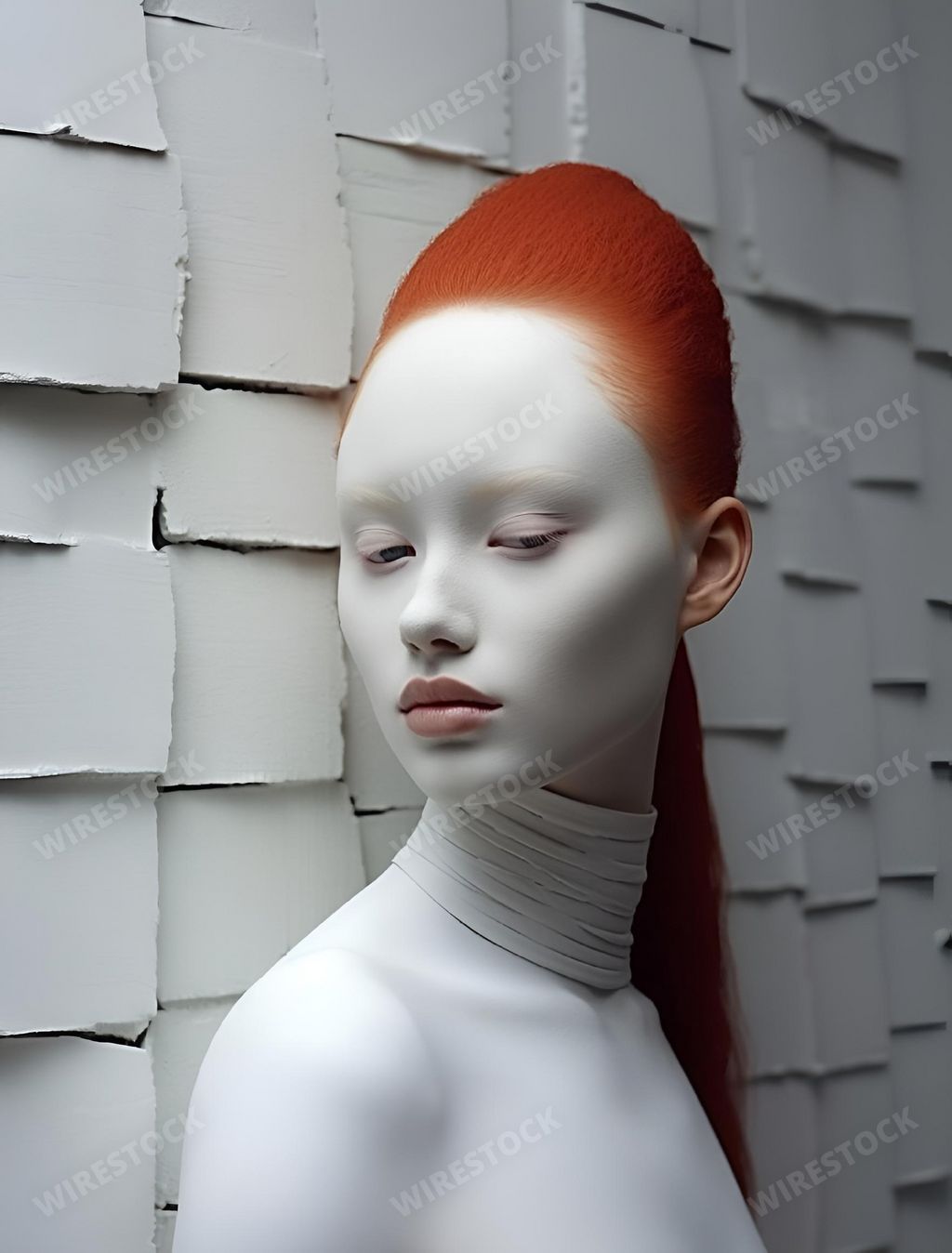 An AI generated illustration of a woman with vibrant red hair her face adorned in white paint