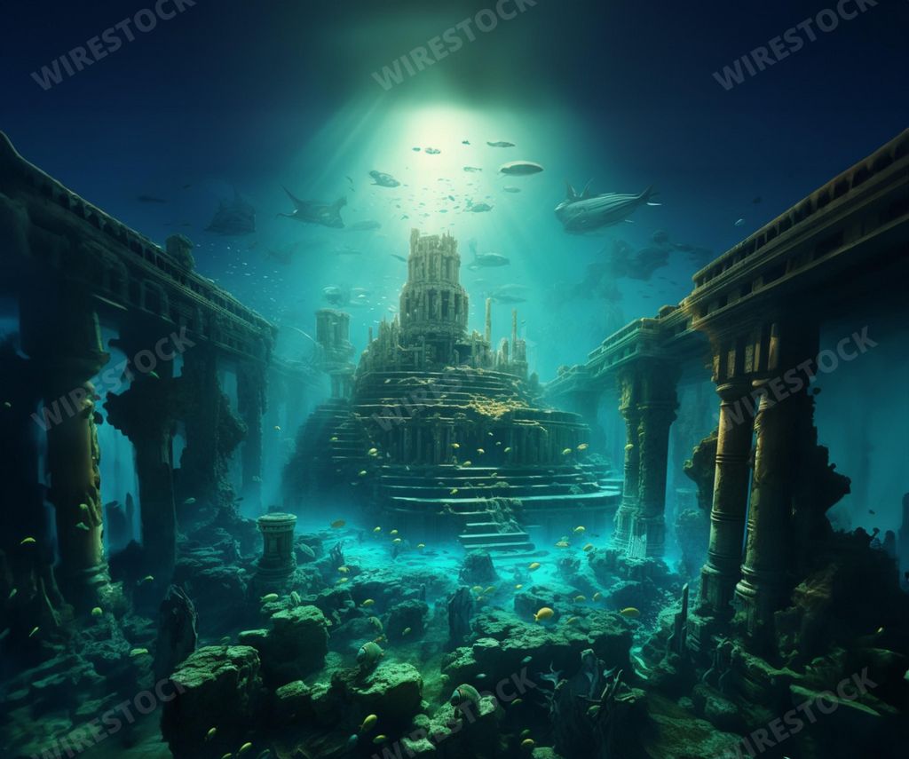 An AI generated illustration of an underwater view of the ancient ruins of a city on the sea floor