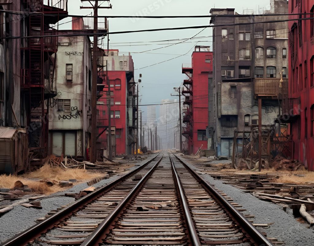 An AI generated illustration of This image features a railroad track heading into the distance, with city buildings on either side of the track