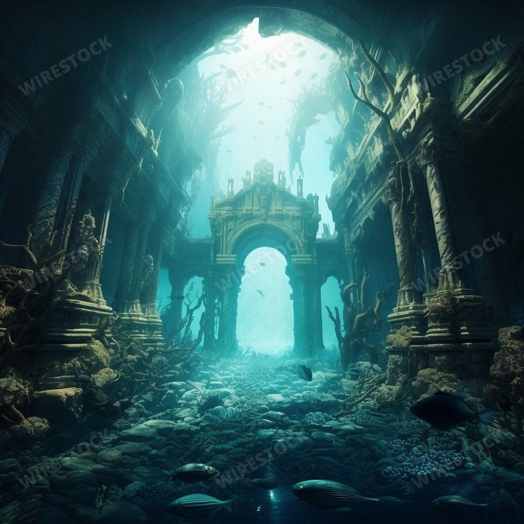 An AI generated illustration of an underwater view of the ancient ruins of a city on the sea floor