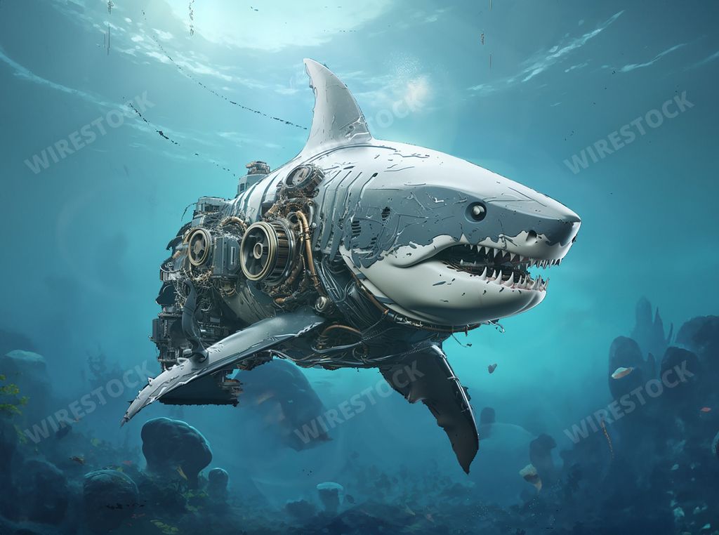 An AI generated illustration of a mechanical metal shark swimming underwater in its natural habitat