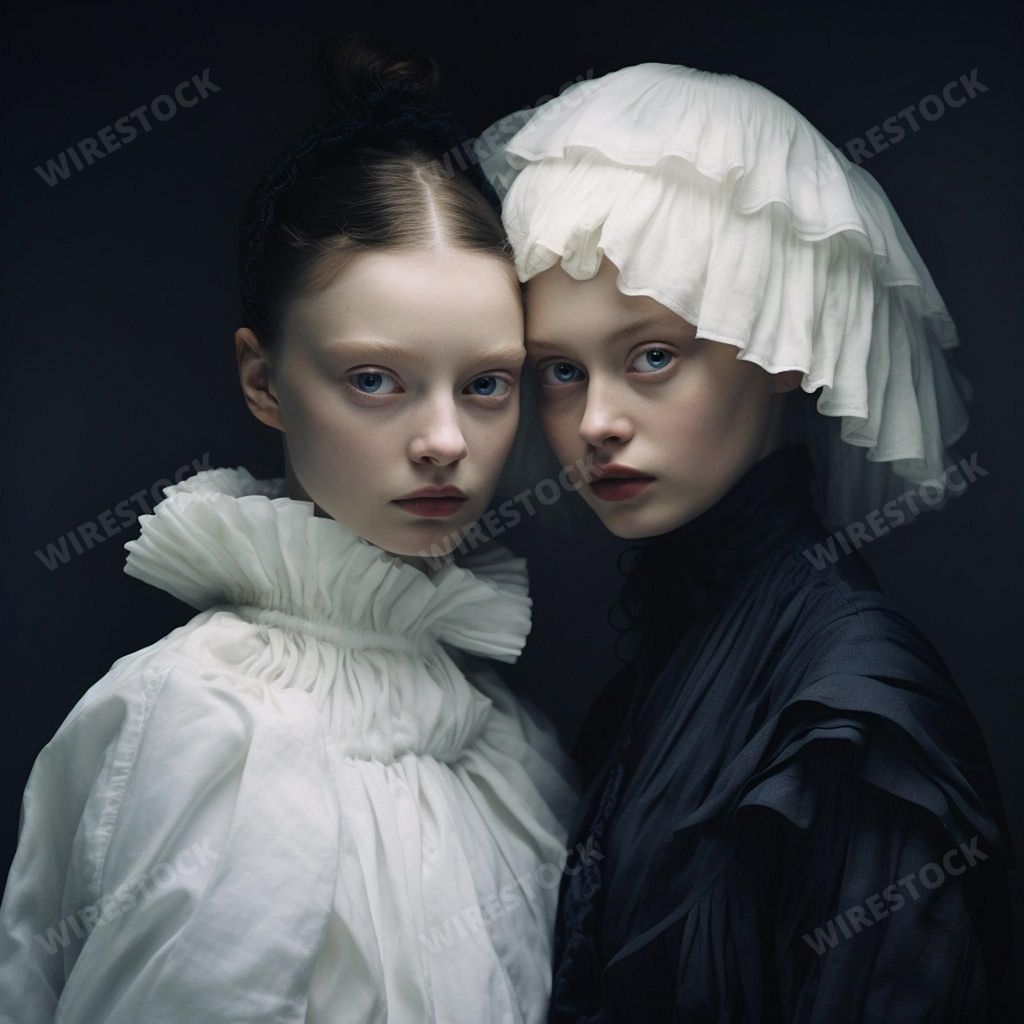 An AI generated illustration of two victorian-era women with pale skin and blue eyes