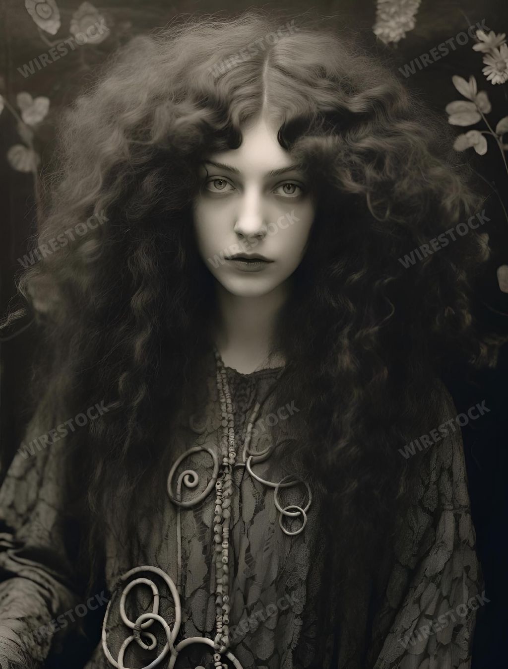 An AI generated illustration of A vintage photo of a smiling young woman with long, curly hair wearing a dress and holding a vintage-style handbag