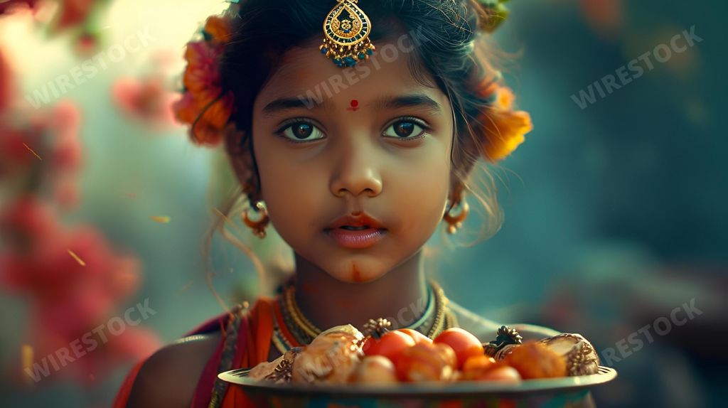 An AI generated illustration of a vibrant and joyful young girl, adorned in a vibrant, multi-colored dress, delicately cradling a plate of fruit