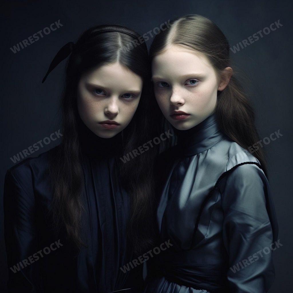 An AI generated illustration of two victorian-era women with pale skin and blue eyes