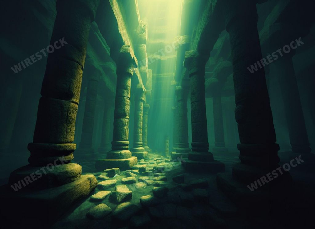 An AI generated illustration of an underwater view of the ancient ruins of a city on the sea floor