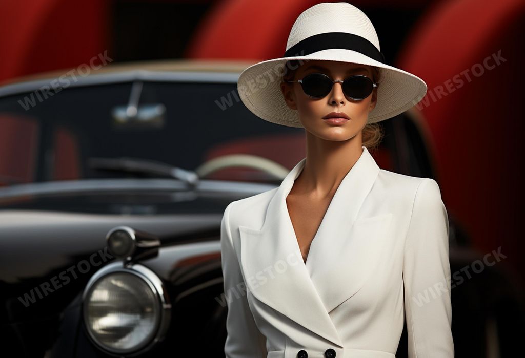 An AI generated illustration of a young woman wearing a white hat, tailored suit and sunglasses near a vintage car