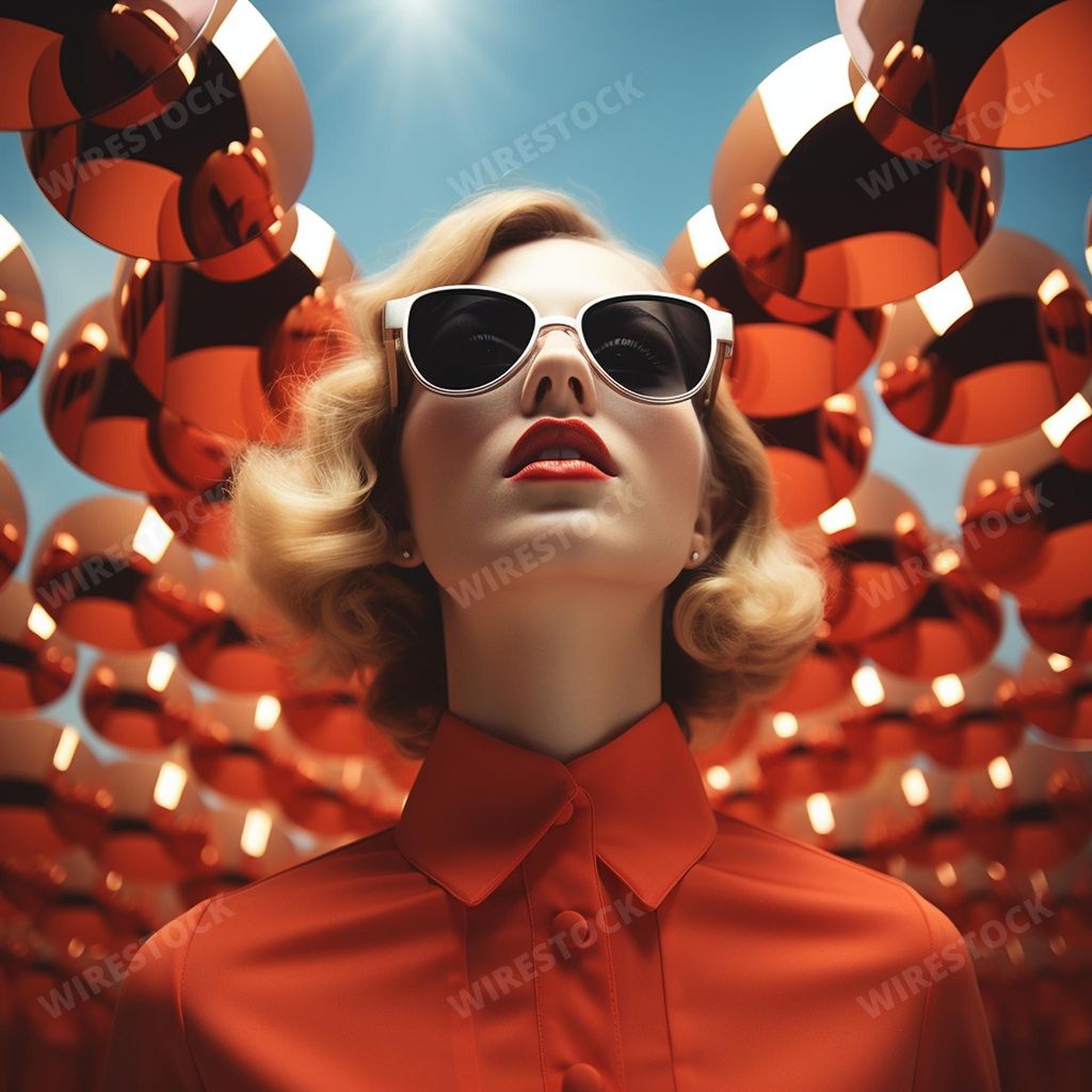 An AI generated illustration of a young woman in sunglasses on a background of geographic shapes