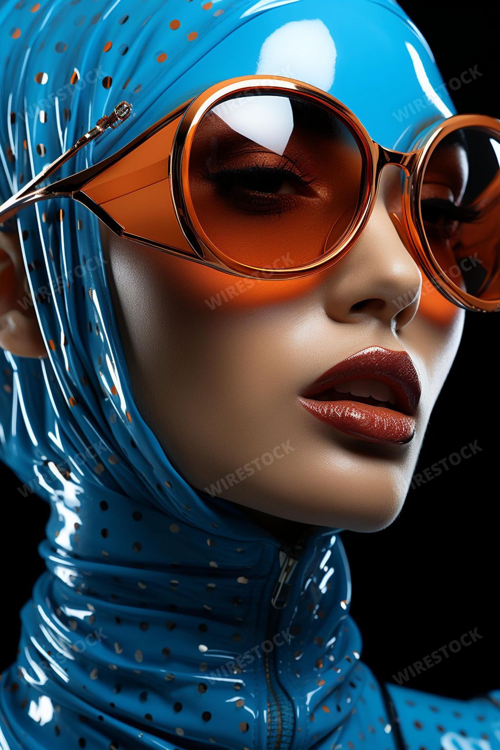 A young woman wearing a blue head scarf and large brown sunglasses. Ai generated