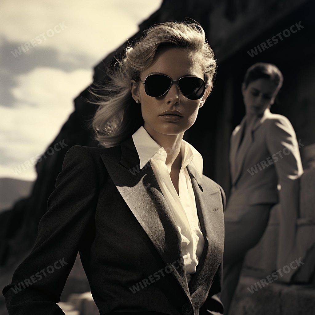 An AI generated illustration of a young woman wearing a classic suit and sunglasses