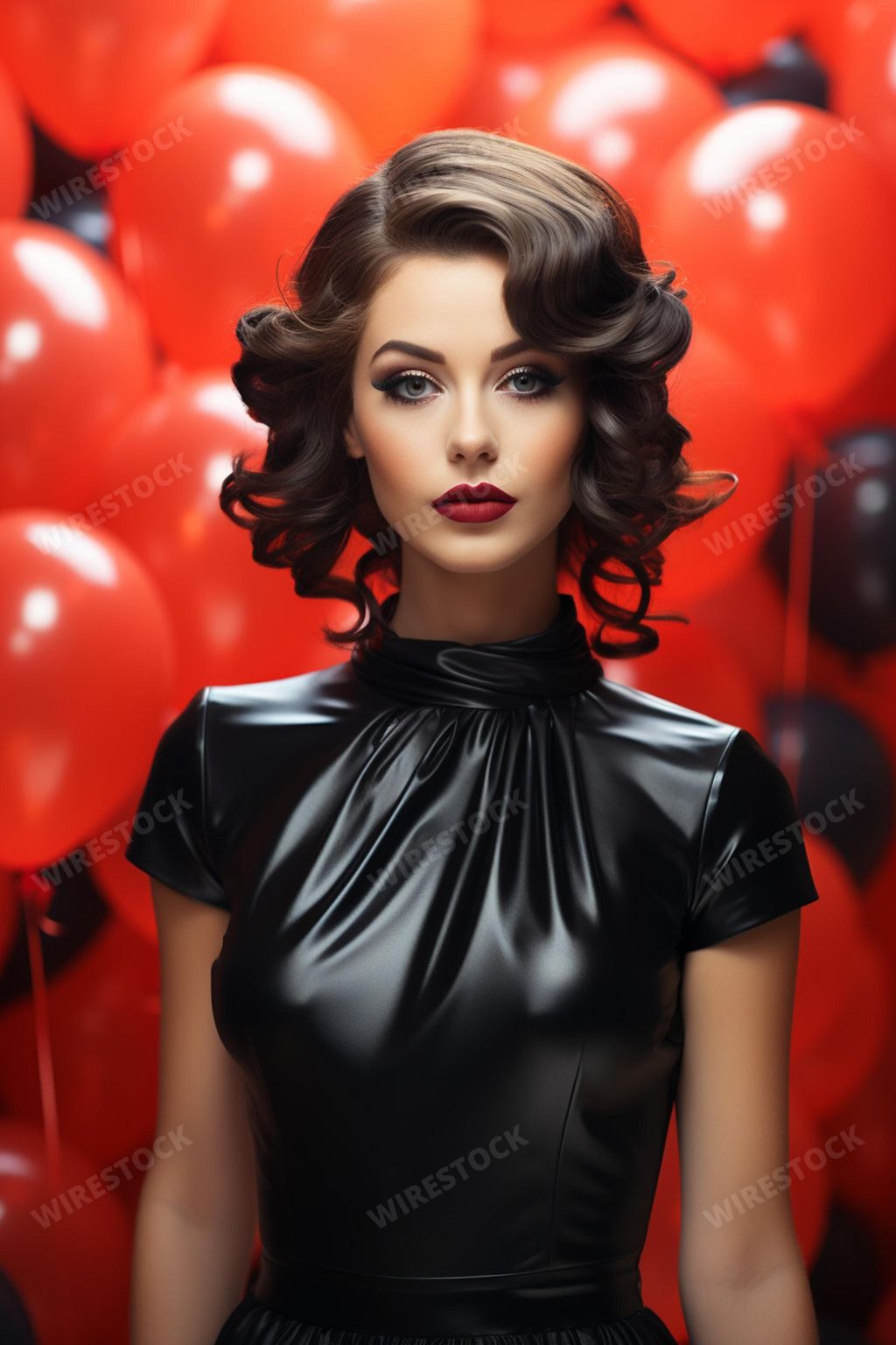 A young female with short black hair posing in front of an array of red balloons. Ai generated