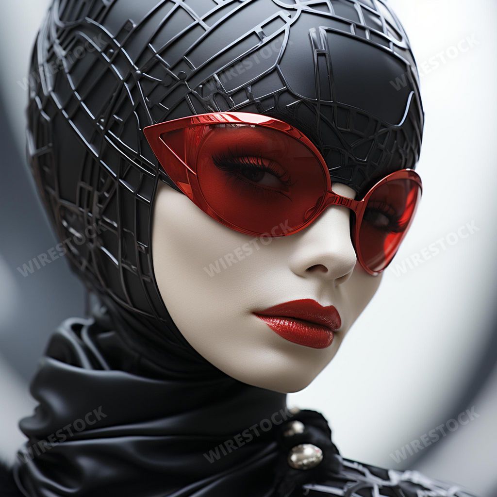 An AI generated illustration of a white female mannequin, with red lipstick