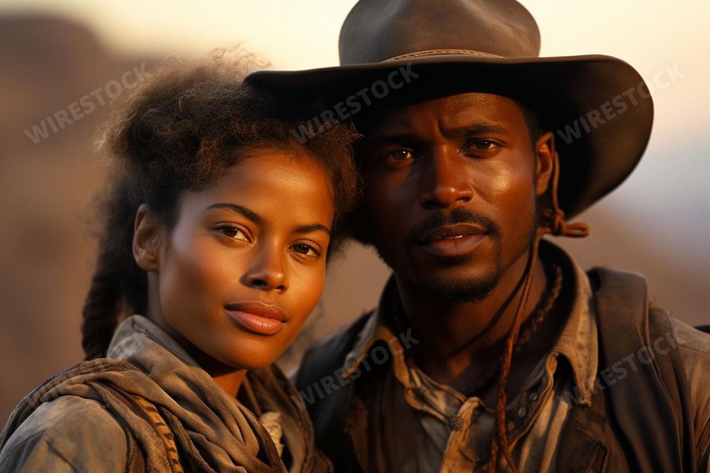 A portrait of a young black couple dressed in Western-style cowboy clothing, A