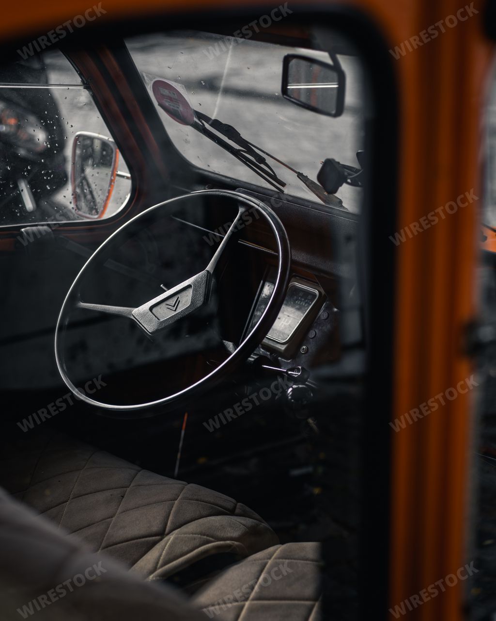 A closeup of an old dyane citroen's interior in village of paris