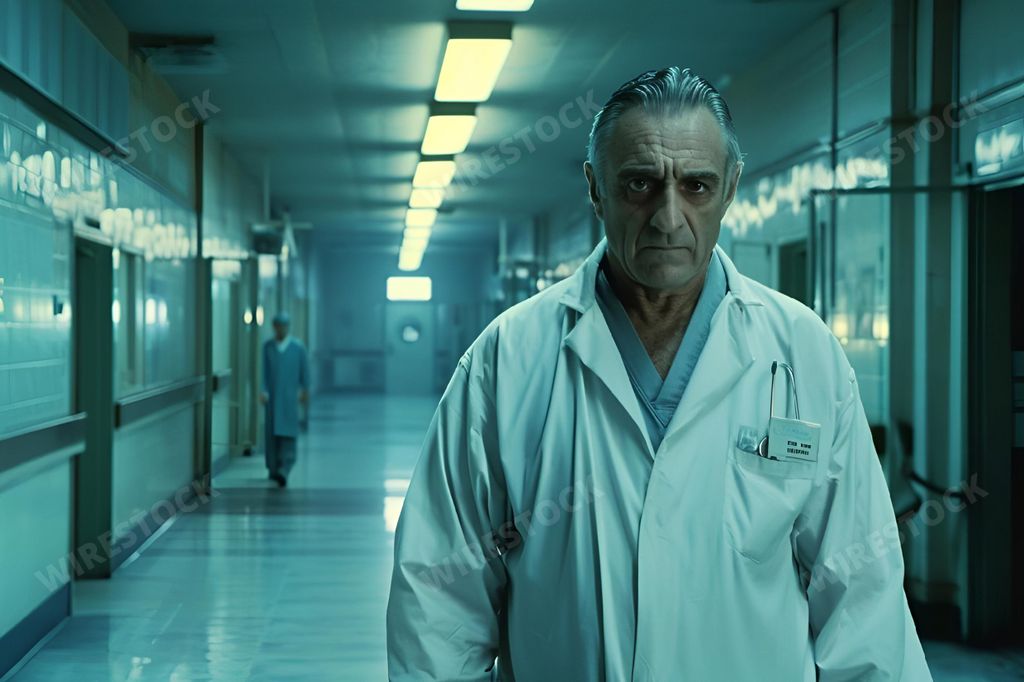 An AI generated illustration of In this stock photo, a male scientist wearing a white lab coat can be seen standing in a brightly lit hospital corridor
