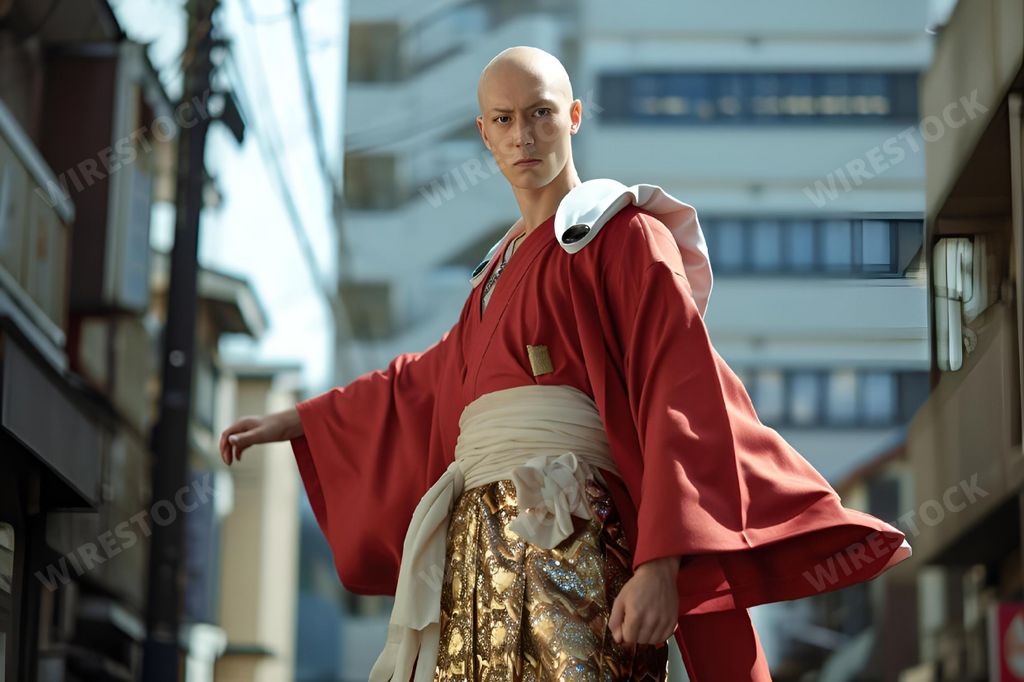 An AI generated illustration of A well-dressed Asian man wearing a vibrant red kimono strikes a pose, capturing the attention of the camera with his confident and captivating presence