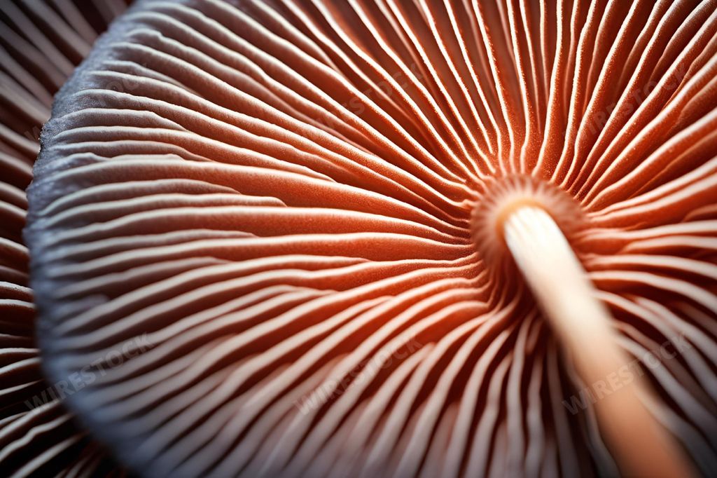 An AI generated illustration of A close-up image of a mushroom with its underside showing, featuring a stem connected to the underside