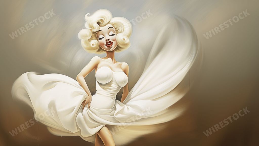 An AI generated illustration of A close-up image of an abstract painting featuring a portrait of Marilyn Monroe, with her iconic blonde hair and red lips, holding a white dress in her hands