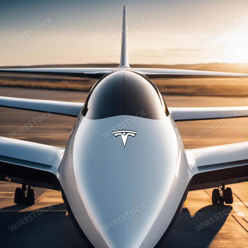 An AI illustration of An AI generated illustration of A sleek, cherry red Tesla airplane is photographed against a grey tarmac backdrop